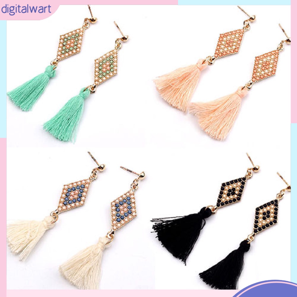 Cặp khuyên tai hình thoi đính đá phối bông tua rua cá tính sang trọng dành cho nữ