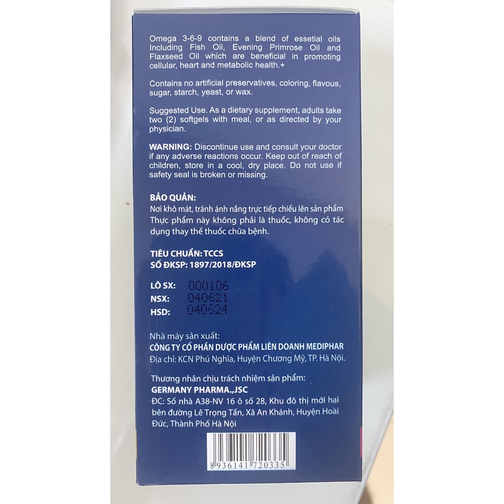 Omega 369.Bổ Sung Tăng Cường Thị Lực,Tim Mạch Trí Não.Giảm Lão Hóa Đẹp Da.Chai 100 Viên