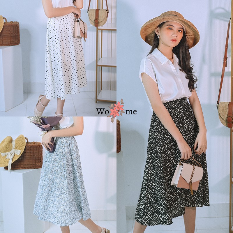 Chân váy hoa nhí ulzang vintage dáng dài vải trơn phong cách hàn quốc đi học, đi chơi, công sở CVHNT