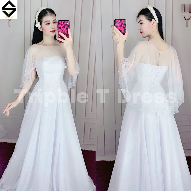Đầm maxi mặc cưới cúp ngực phối áo choàng cườm ngọc rời TRIPBLE T DRESS - size M/L - MS195Y