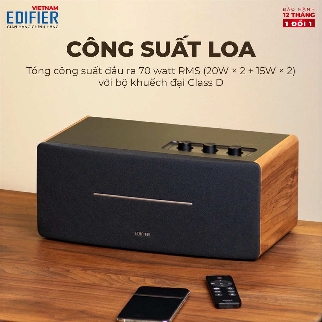 Loa Bluetooth 5.0 EDIFIER D12 Vỏ gỗ chống dội âm - Hỗ trợ AUX âm thanh nổi Stereo - Kèm remote điều khiển