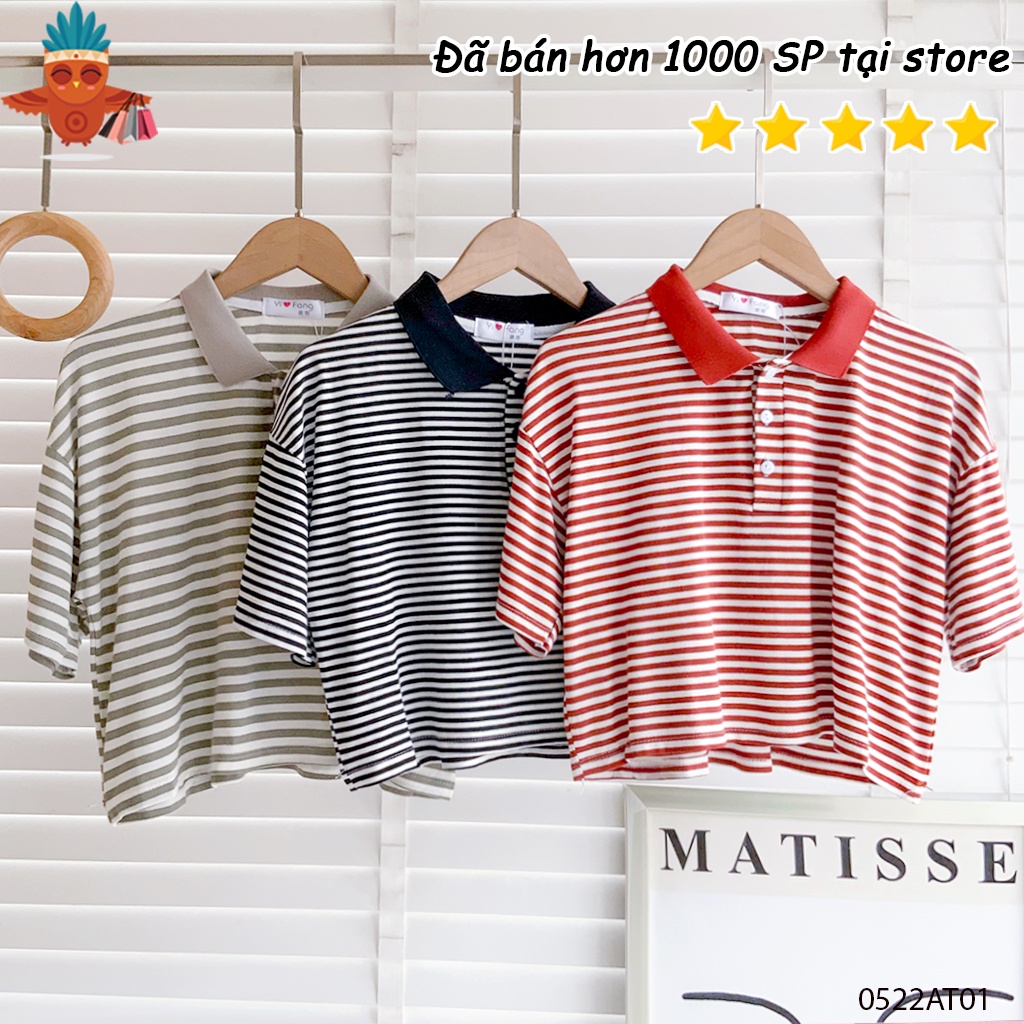 Áo croptop polo nữ kiểu sọc xanh, cam, đen THOCA HOUSE trẻ trung, năng động, phối đồ đi học, đi chơi