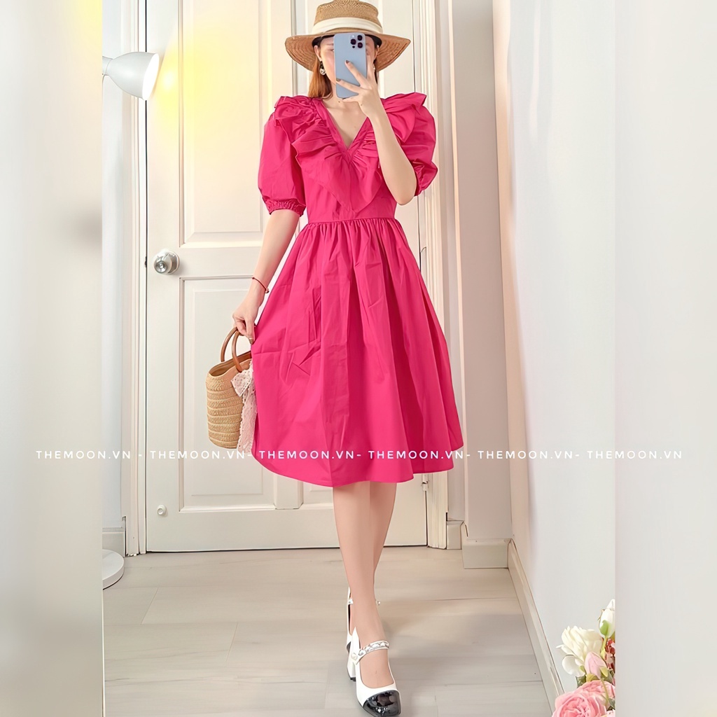 Đầm xoè tay ngắn phồng màu hồng hot trend