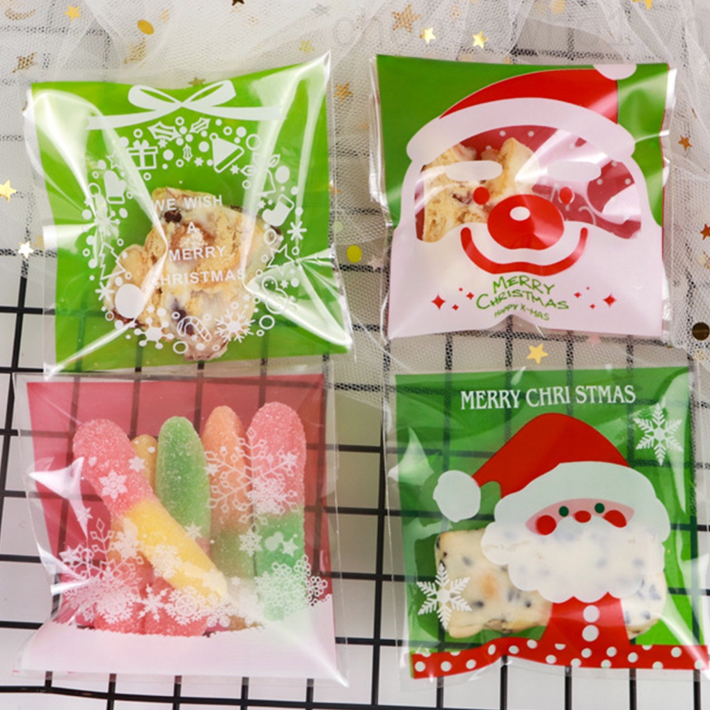 Set 100 túi nhựa trong suốt đựng thực phẩm họa tiết giáng sinh