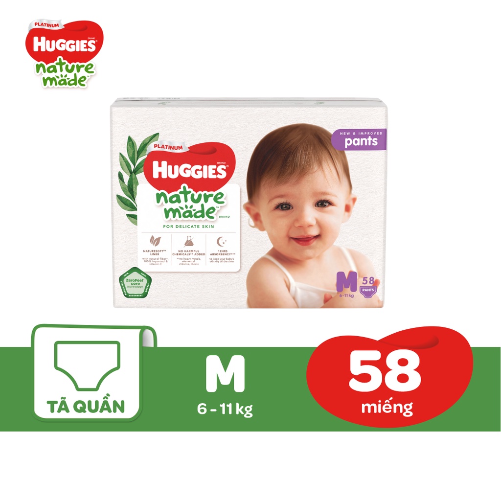 [Mã MKBHUGBU giảm 12% đơn từ 400K] Tã Quần Huggies Platinum Nature Made M58/L44/XL38/XXL26