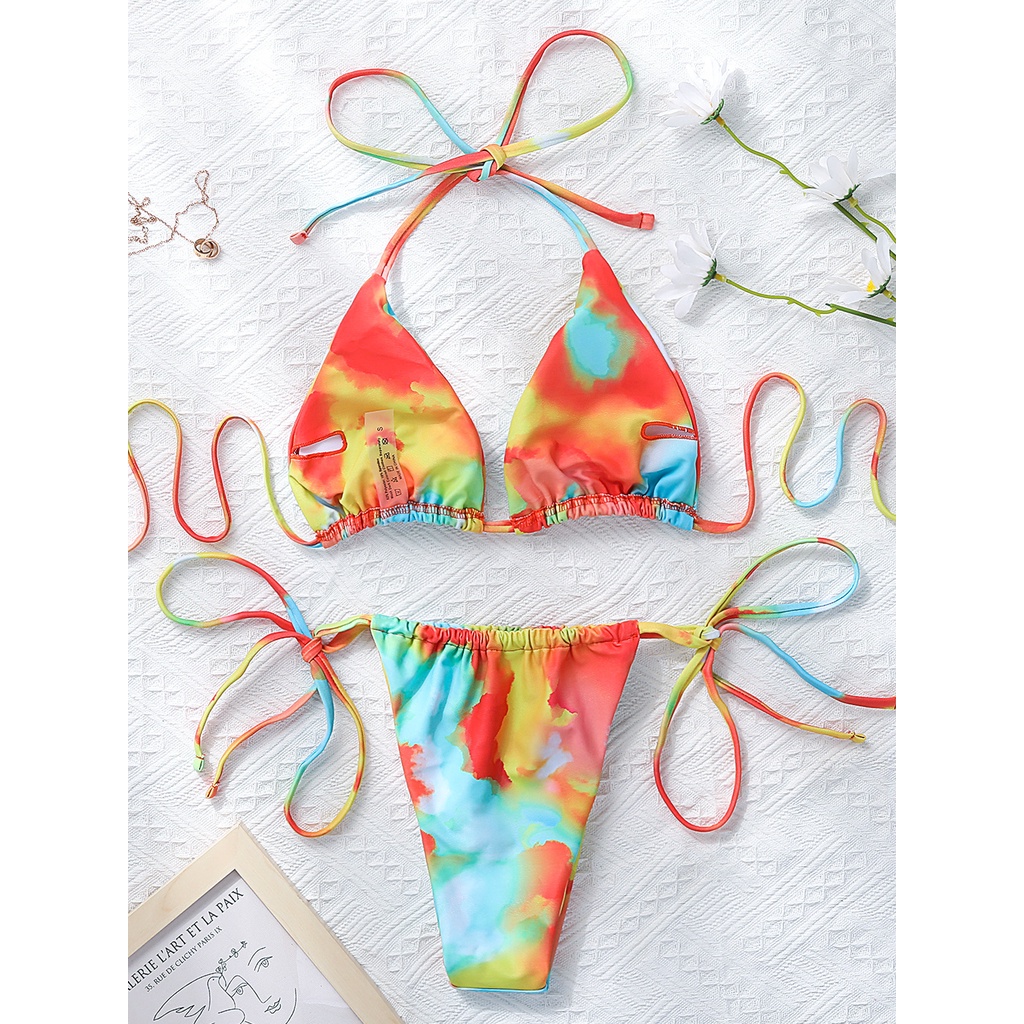 [BKN1498] &lt;ÂU&gt; SET BIKINI LOANG ĐỎ VÀNG QUẦN THONG/LỌT KHE