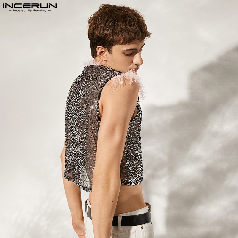 INCERUN Áo Croptop Sát Nách Đính Kim Sa Lấp Lánh Xuyên Thấu Thời Trang Dự Tiệc Cho Nam