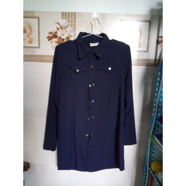 Đầm sơ mi suông xanh navy nút bấm