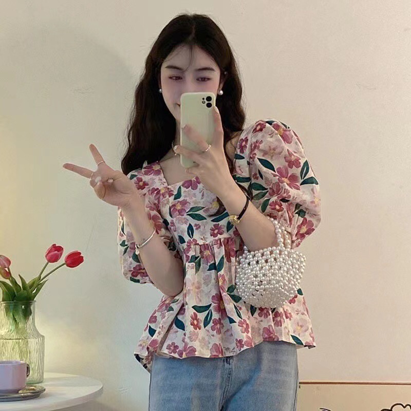 Áo Kiểu Tay Phồng Cổ Vuông In Họa Tiết Hoa Thời Trang Mùa Hè Hàng Mới Dành Cho Nữ 2022