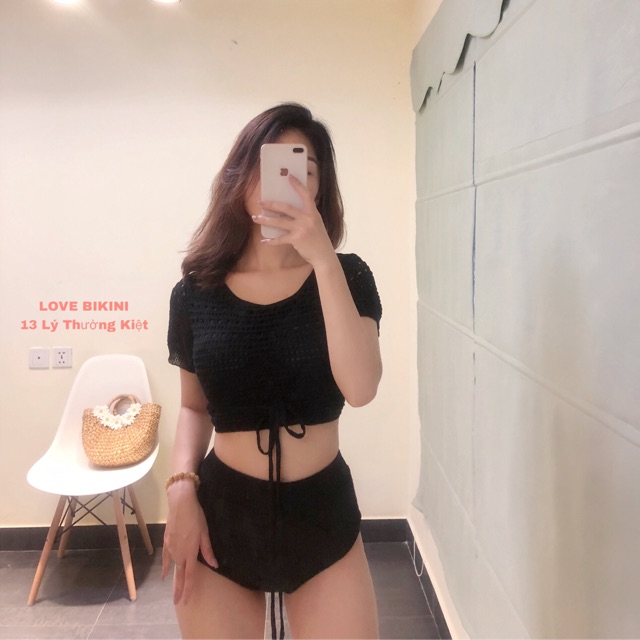 Bộ bikini , bộ đồ bơi nữ 2 mảnh áo croptop ngắn tay len móc