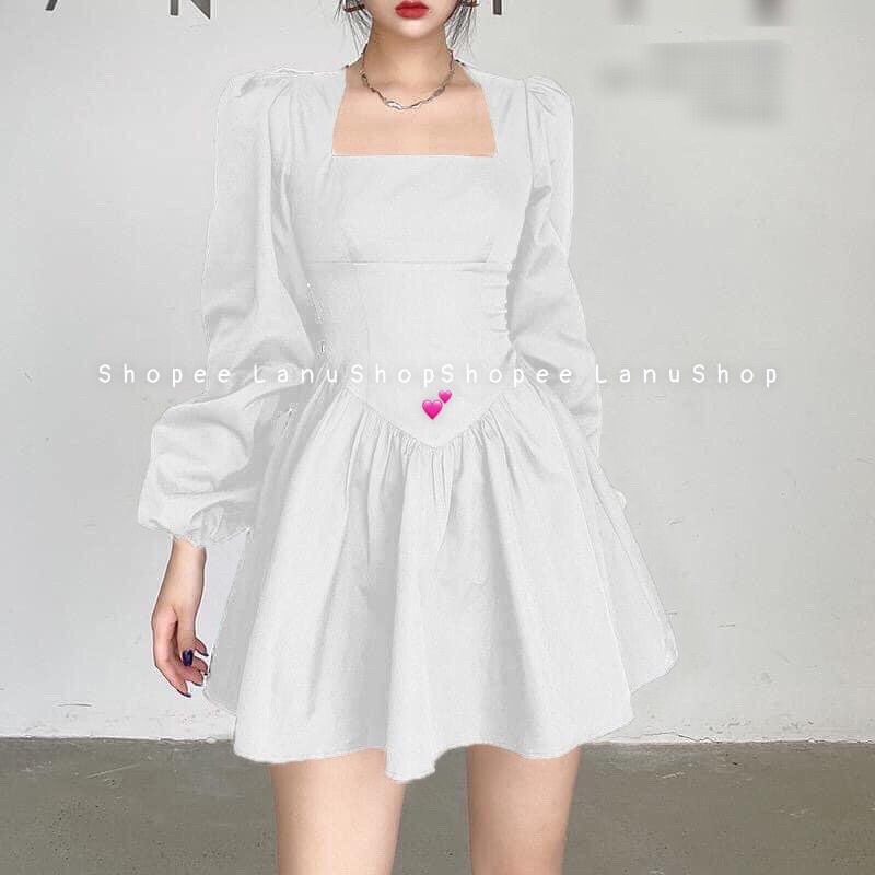 [Siêu phẩm Sịn Sò]Váy xoè cổ vuông trắng ,Váy tạo vòng eo siêu nhỏ