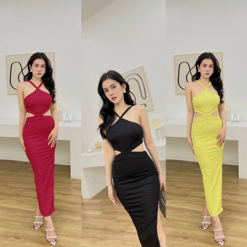 Đầm body yếm maxxi khoét eo xẻ tà