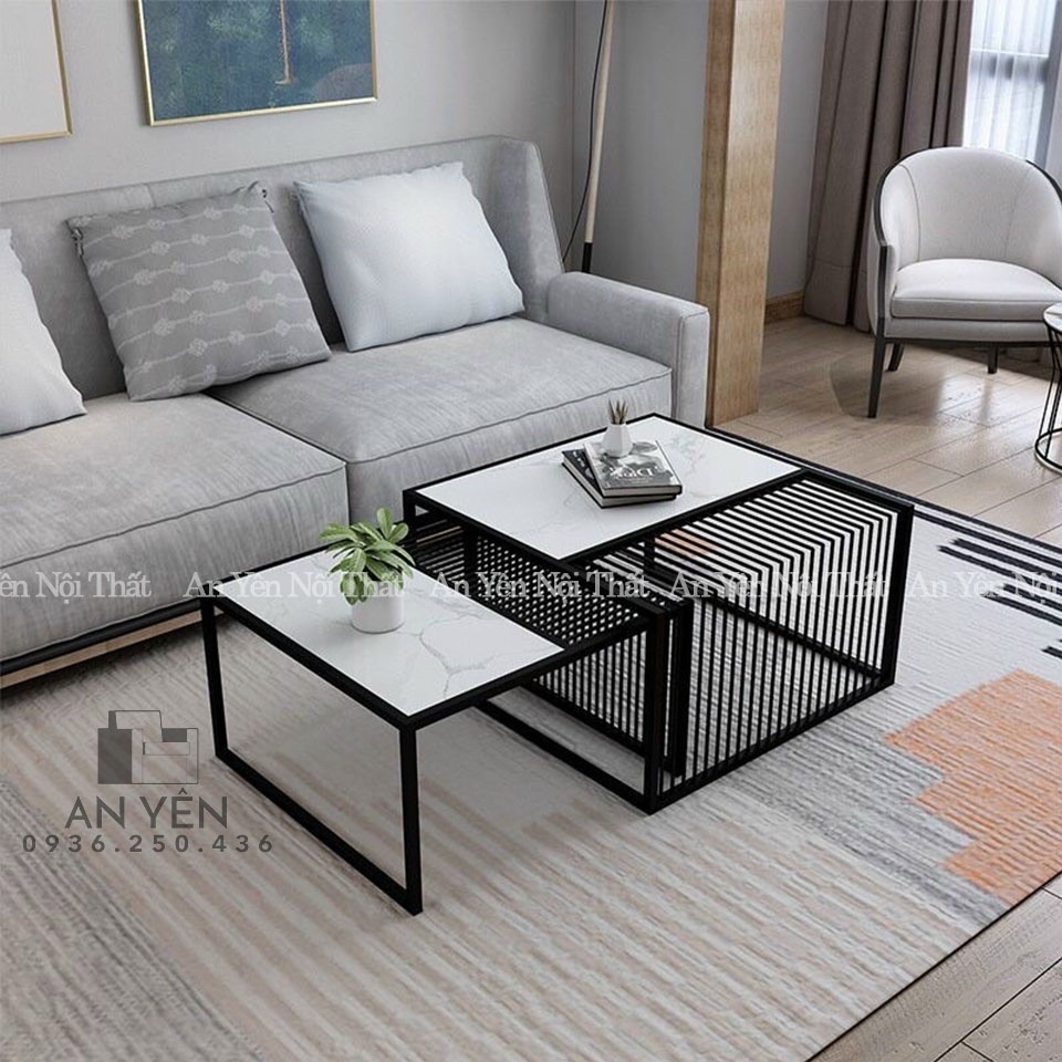Bàn Trà Sofa Đôi Vuông Mặt Đá Kính Chân Sắt Đen An Yên AYB01