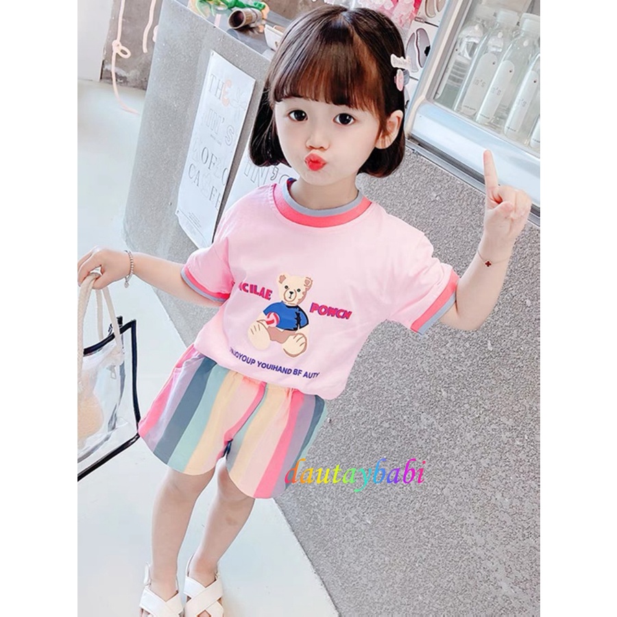 Đồ Bộ cotton bé gái ngắn tay mùa hè họa tiết in gấu dễ thương cho bé 10-50kg
