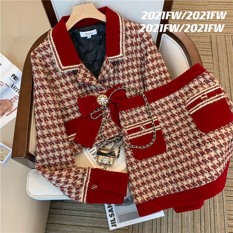 Set Dạ Tweed Kẻ Đỏ Hàng Quảng Châu Cao Cấp Dày Dặn May Sợi Kim Tuyến Lấp Lánh Kèm Nơ