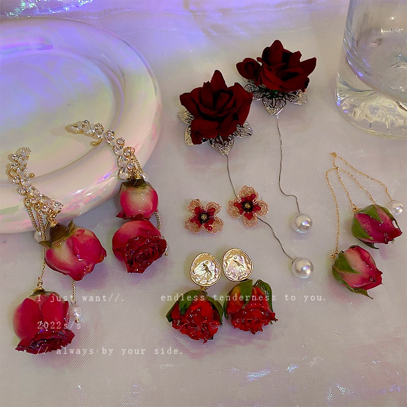 1 Đôi Bông Tai Bạc Hình Hoa Hồng Đính Kim Cương & Ngọc Trai Đỏ Phong Cách Hàn Quốc Thời Trang