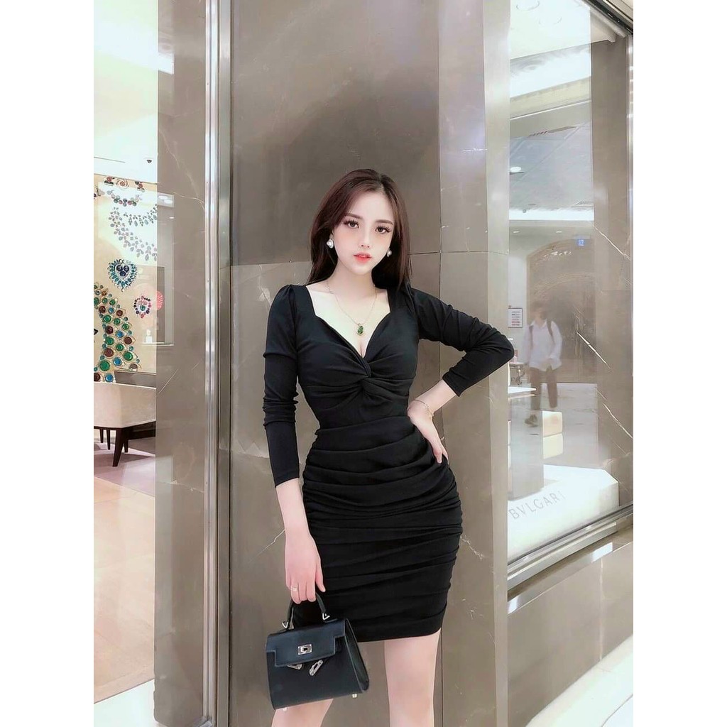 Đầm body xoắn ngực tay dài ôm dáng