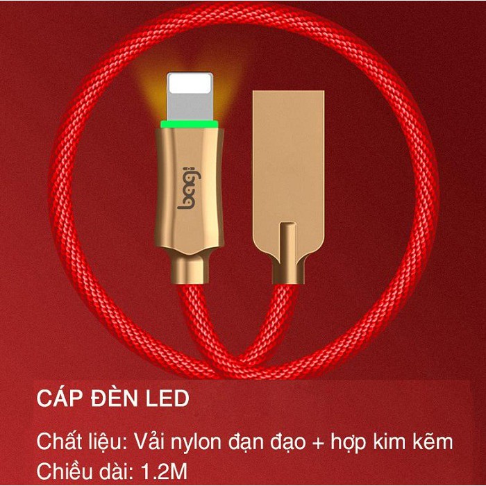 (1,2m) Cáp sạc LED Bagi sạc nhanh bọc vải dài 1.2m IZ120 Iphone  x, 8,7, SE, 6s plus, 6s, 6 plus, 6, 5s, 5c, 5, ipad Pro