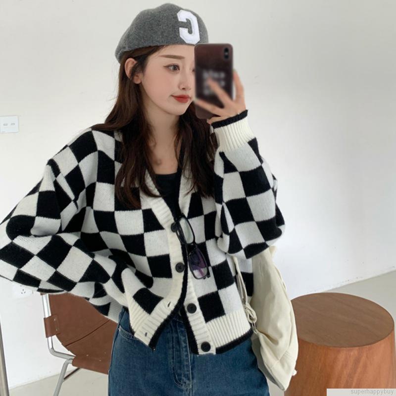 Áo khoác cardigan tay dài cổ chữ V thiết kế dáng rộng thoải mái