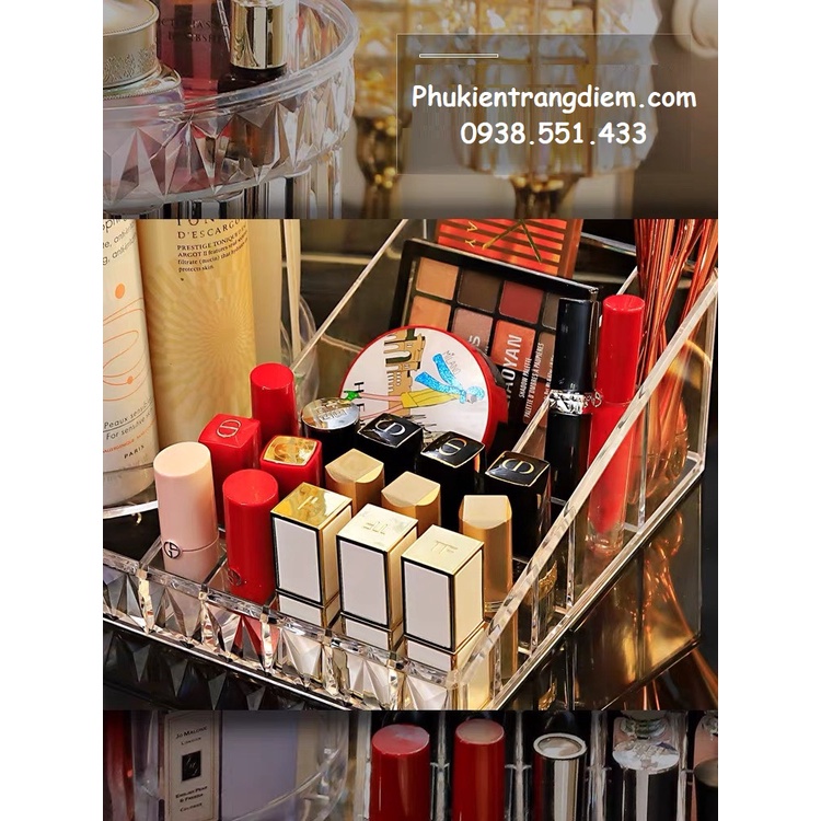 Kệ Trang Điểm Xoay 360 Độ Kèm Khay Son Trong Suốt - Dày Dặn - Chắc Chắn - Đựng Mỹ Phẩm Để Bàn
