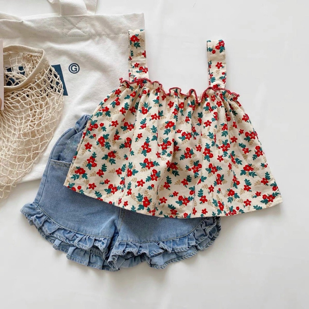 Set áo 2 dây hoa quần short bò cho bé gái mùa hè đi biển
