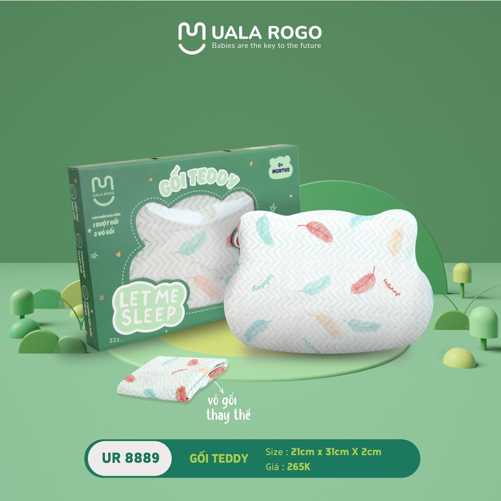 Gối sơ sinh Memory Foam UALA &amp; ROGO TOD, UALA &amp; ROGO RICO, UALA &amp; ROGO TOD PLUS có lõm chống bẹp đầu, tặng kèm vỏ gối