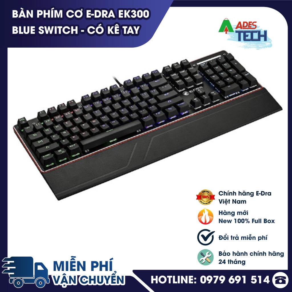 Bàn Phím Cơ EDRA EK300 - Blue Switch - CHỐNG NƯỚC - Có Kê Tay - LED RAINBOW - BH 24 tháng - CHÍNH HÃNG