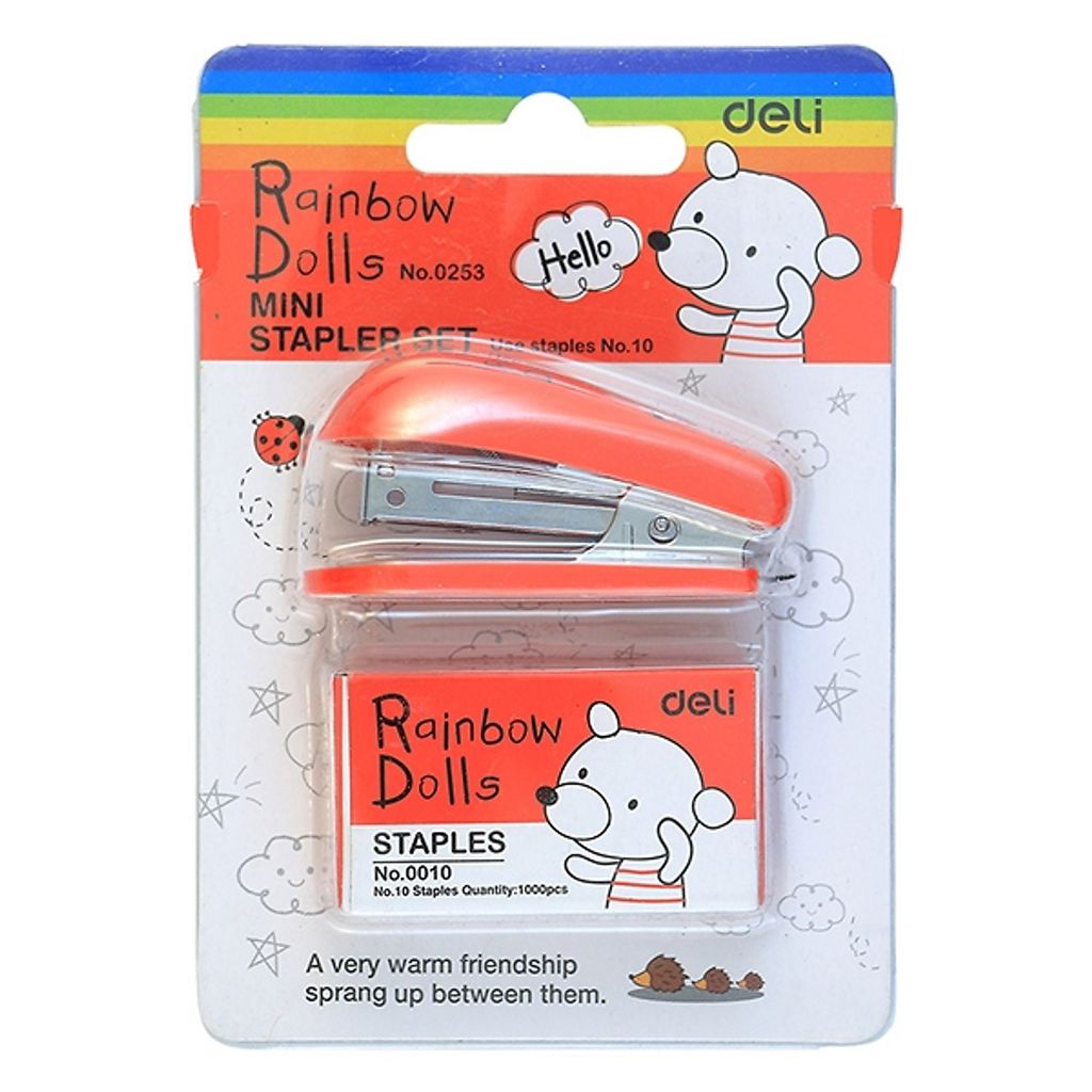 Bấm ghim, dập ghim cầm tay mini deli 0253 hình chú chó dễ thương 3 màu xanh biển, đỏ, xanh lá
