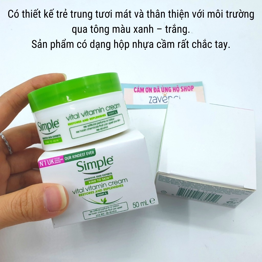 Kem dưỡng ẩm Cho Da Ban Đêm SIMPLE Kind To Skin Vital Vitamin Night Bổ Sung Dưỡng Chất Phục Hồi Da (50ml)