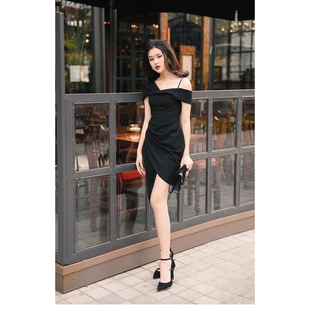 Đầm dự tiệc ôm body lệch vai nhúng eo chéo tà xẻ đùi
