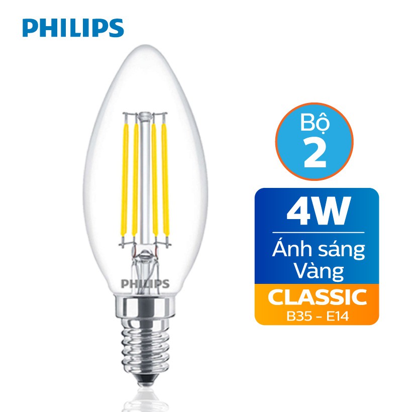 Bộ 2 bóng đèn Philips LED Classic 4W E14 B35 3000K - Ánh sáng vàng