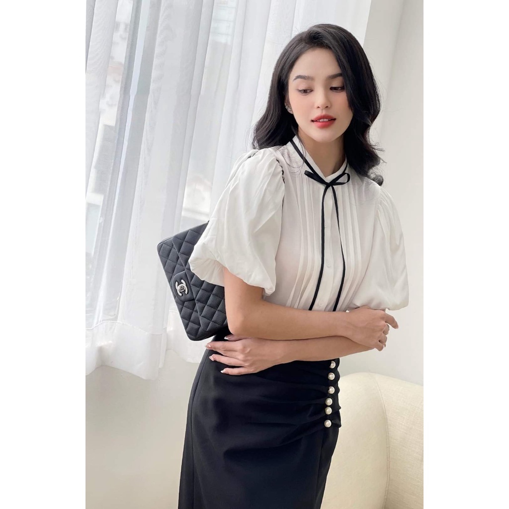 Sét chân váy + áo sơ mi tay phồng công sở