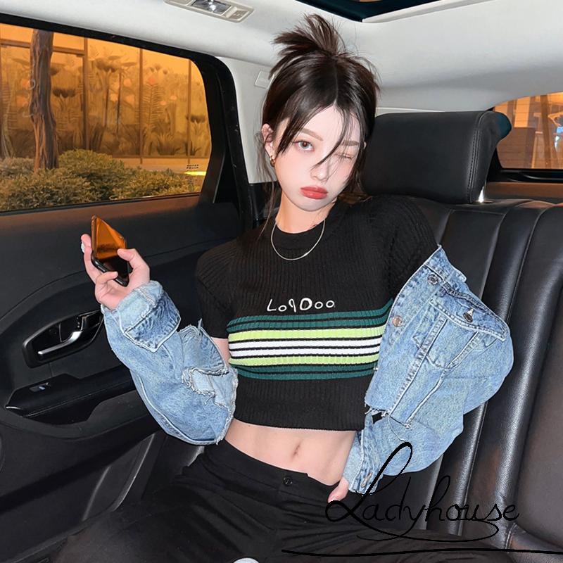 Áo Croptop Dệt Kim Tay Ngắn Cổ Tròn Họa Tiết Kẻ Sọc Thời Trang Mùa Hè Cho Nữ