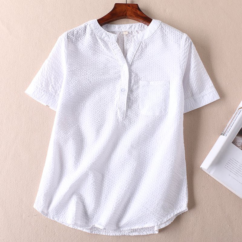 Áo sơ mi nữ ngắn tay, Áo sơ mi nữ cổ V chất vải đũi mặc thoáng mát S33