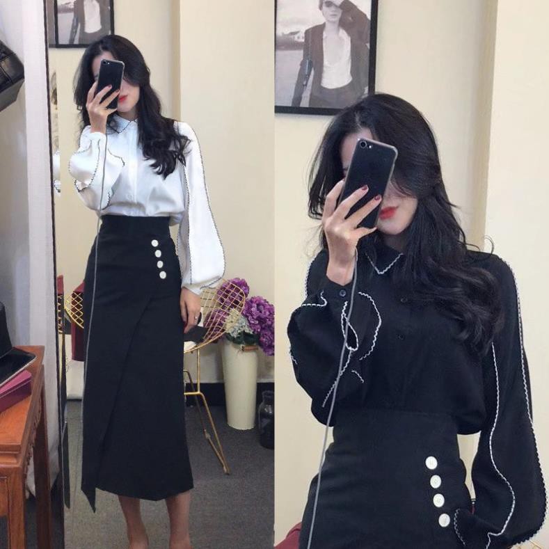 Set sơ mi viền chân váy vạt chéo
