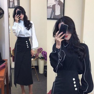 Set sơ mi viền chân váy vạt chéo