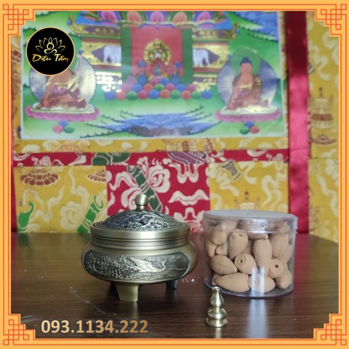 Lư xông trầm bằng đồng nguyên chất khắc hình rồng phượng ưu đãi combo nhang vòng/ trầm nụ
