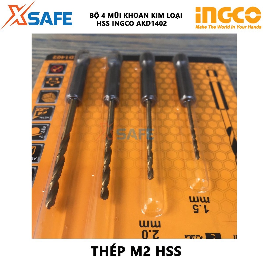Bộ 4 mũi khoan kim loại HSS INGCO AKD1402 đuôi lục giác 1/4 inch, thép M2 HSS chất lượng, làm bóng mũi bằng Tianium