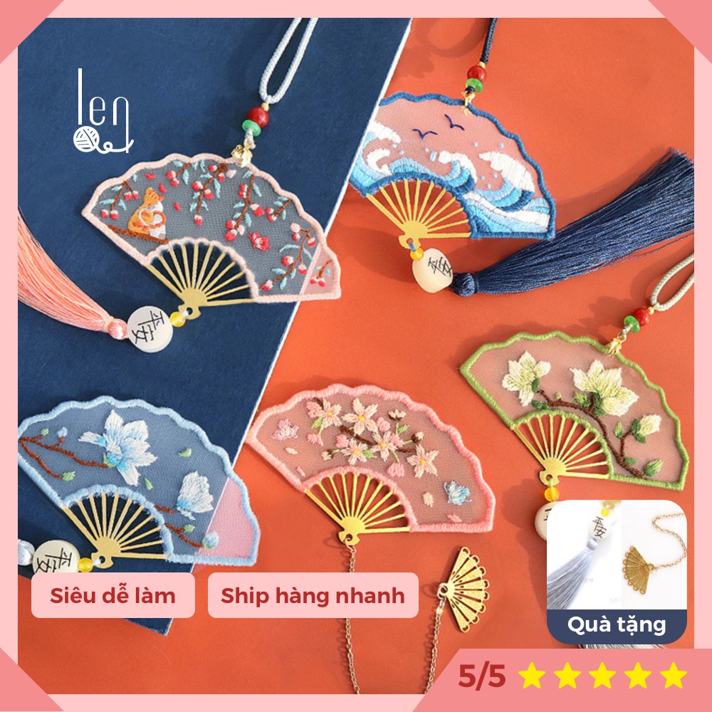 DIY bộ kit thêu tay Bookmark quạt cổ phong đánh dấu sách quà tặng ý nghĩa đầy đủ nguyên liệu hoàn thiện