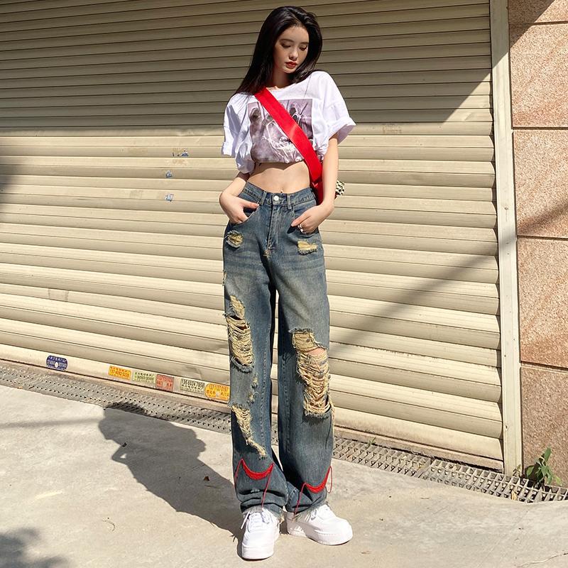 [Hàng oorder] Quần jeans dài ống suông rộng was rách màu xanh cổ điển Retro, cá tính, năng động, Hàn Quốc