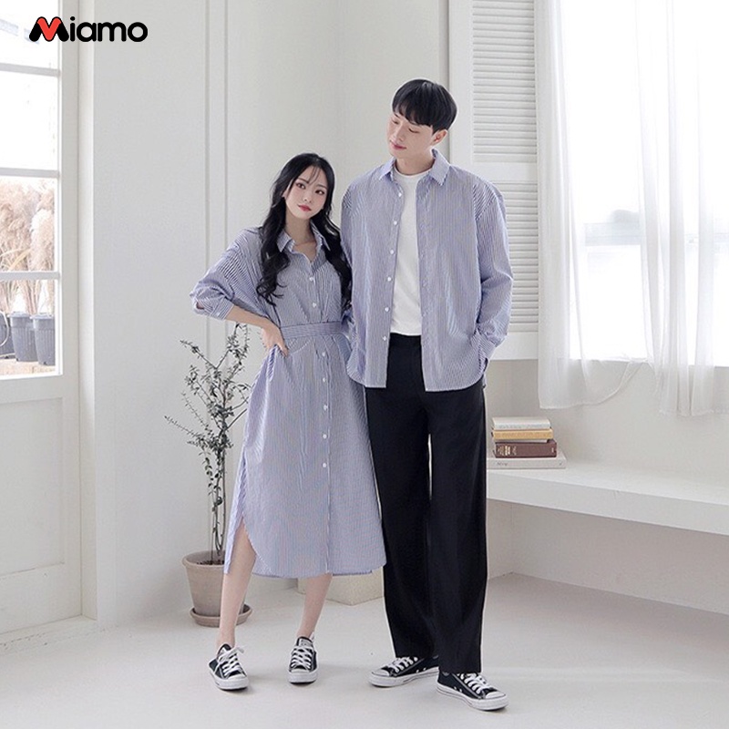[Freeship] Set đồ đôi áo sơ mi nam váy nữ kẻ sọc phong cách Hàn thời trang Miamo MO090