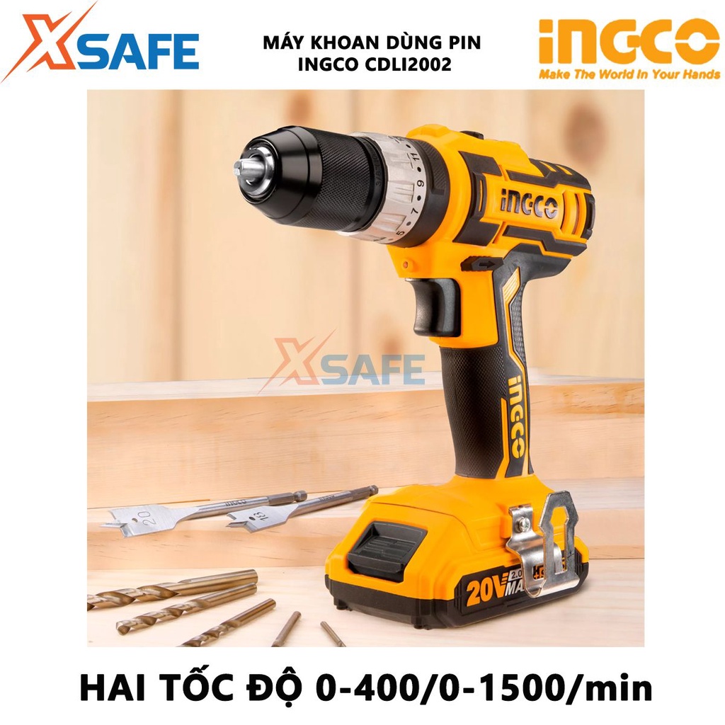 Máy khoan pin cầm tay 20V INGCO CDLI2002 hai tốc độ 400-1500v/p đầu khoan khóa tự động, khóa trục chính, kèm 2 pin 1 sạc