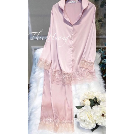 Bộ Ngủ Pijama Dài Tay phối ren lụa cao cấp, sang trọng
