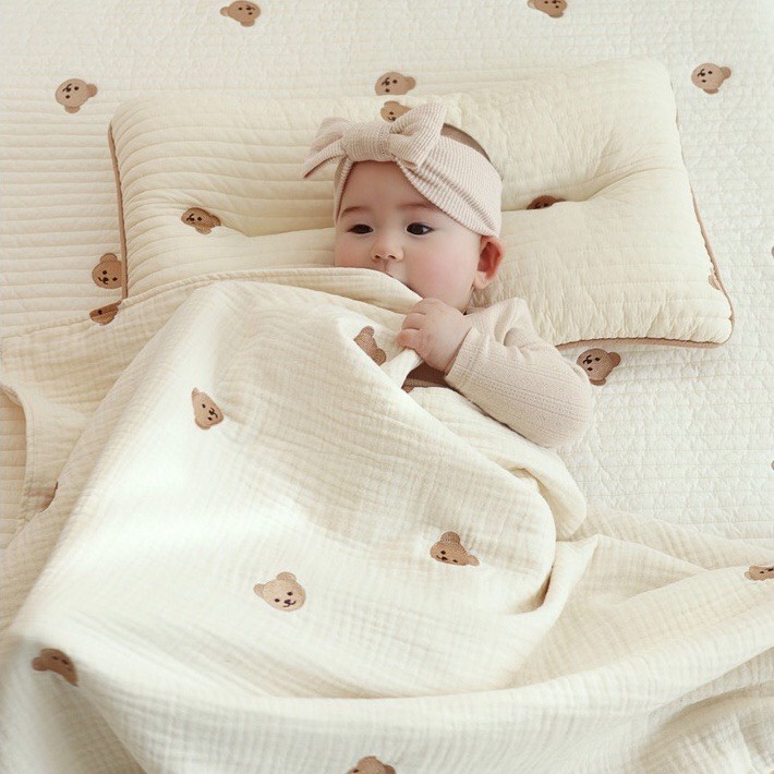 Chăn Xô Muslin Cho Bé Sơ Sinh Hoạ Tiết Hình Gấu Đáng Yêu, Chất Mềm mại,Thấm Hút Mồ Hôi Không Kích Ứng Da Bé-Unun kisd