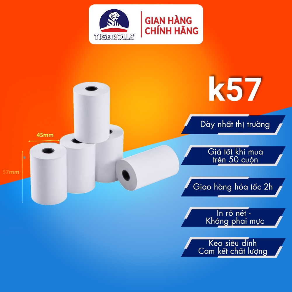 Giấy in nhiệt Tiger khổ 57mm 3 kích thước in bill máy tính tiền, máy Pos 100 cuộn - K57