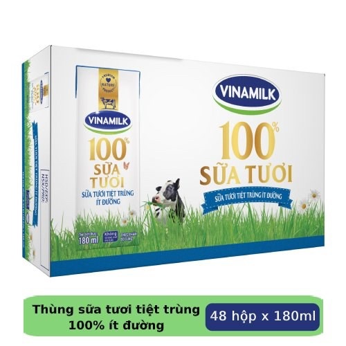 Thùng 48 Hộp Sữa Tươi Tiệt Trùng Vinamilk 100% Ít Đường 180ml