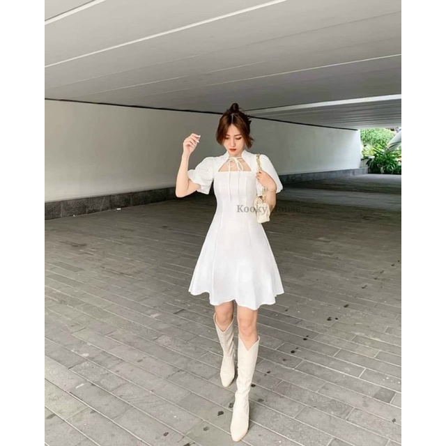 Váy Tiểu Thư Dáng Xoè Cổ Vuông Siêu Xinh - Đầm Nữ Hot Trend 2 Màu Đen Trắng Basic Có Khoá Kéo Sau