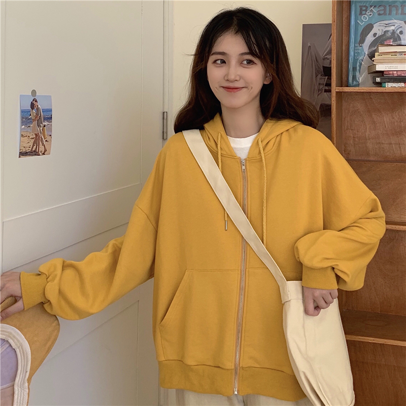 Áo khoác khóa kéo có mũ trùm đầu dài tay phong cách Hàn Quốc cho nữ