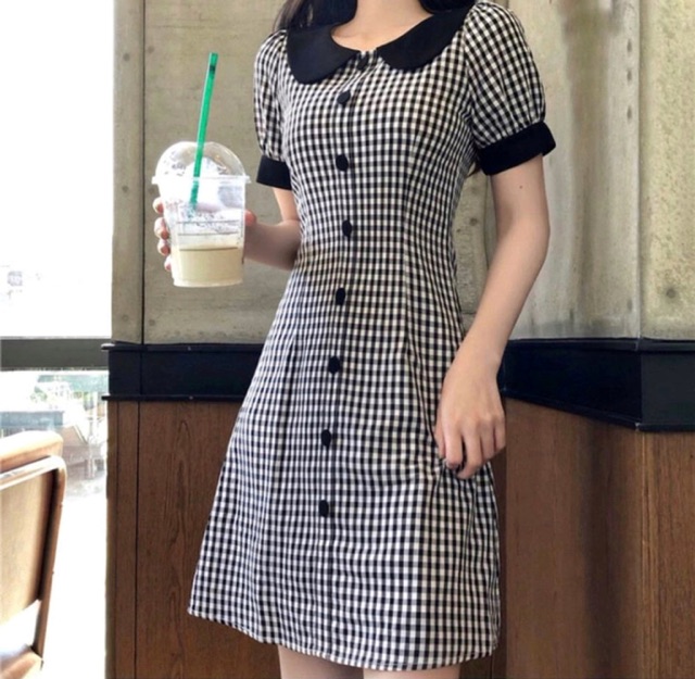 Đầm caro Blapink đầm cổ sen phối màu sọc caro phong cách dễ thương nhí nhảnh
