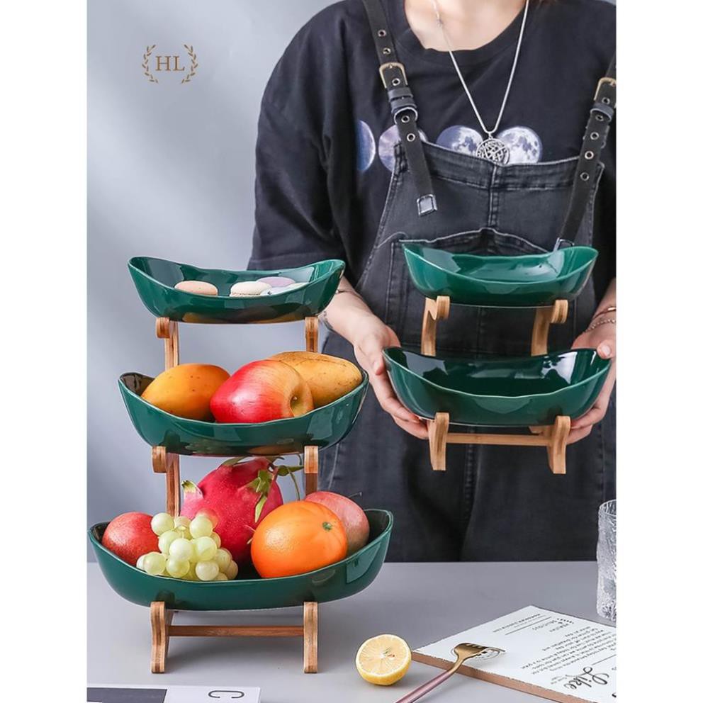 (hàng hot) Kệ Sứ 2 Tầng Bắc Âu - Home Decor | Đĩa sứ bầu dục kèm kệ gỗ tre 2 tầng phong cách VINTAGE